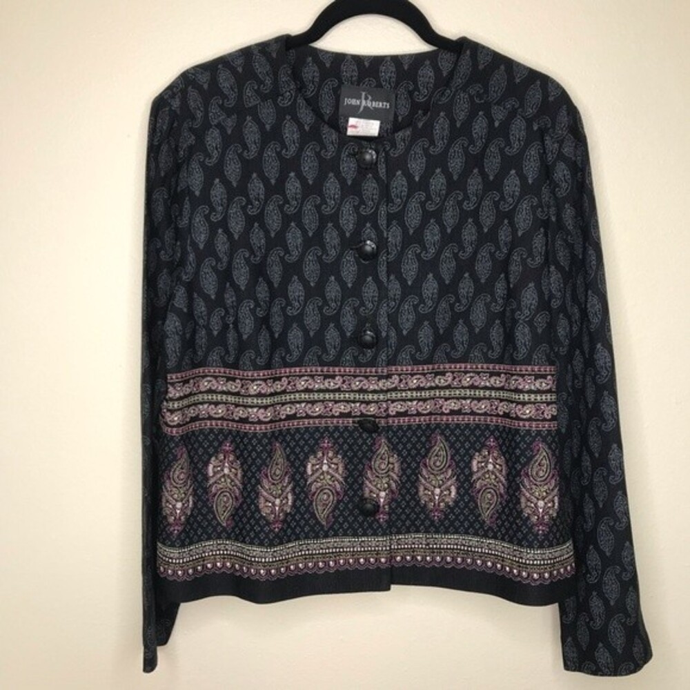 Vintage John Roberts Paisley Back Pleats Buttons Black Boxy Jacket Women's 14 - Picture 11 of 12